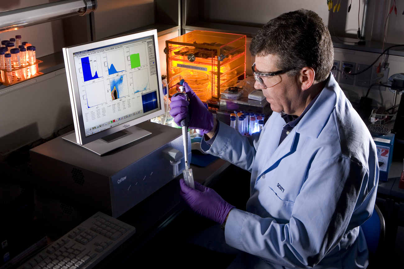 Sandia physicist Scott Bisson prepares samples for a flow cytometer. The cytometer, seen here sitting underneath a computer monitor, is a central element in the Enhanced Bioaerosol Detection (EBADS) program and will be integrated with an aerosol collection system to analyze potential bioaerosols on a single particle basis for detect-to-warn applications. Sandia physicist Scott Bisson prepares samples for a flow cytometer. The cytometer, seen here sitting underneath a computer monitor, is a central element in the Enhanced Bioaerosol Detection (EBADS) program and will be integrated with an aerosol collection system to analyze potential bioaerosols on a single particle basis for detect-to-warn applications.