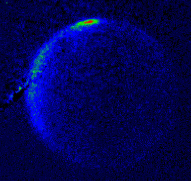Colors of the ball indicate the number of molecules at a given velocity. The bright spot at the top of the image represents molecules moving with less than 15 M/Sec, with the intensity of the spot proportional to the number moving that slowly. The density of slow molecules is approximately 108 molecules per cm3.
