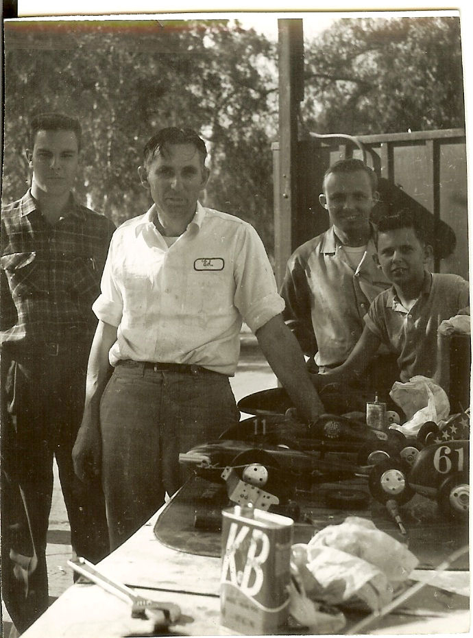 Ed Sr. (second from left) and young Ed  (far right) with racing buddies at the fueling bench of the Ontario, Calif. tether car race track in 1958.<br />
Download 300dpi 2.5MB JPEG<br />
<br />
(Media are welcome to download/publish this image with related news stories.)