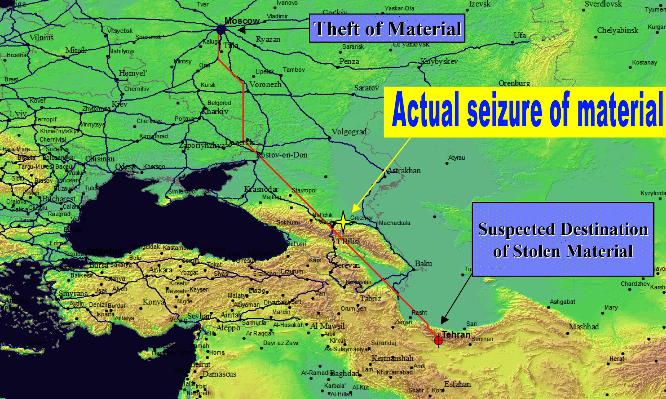 THIS SLIDE REPRESENTS a pathway analysis where the red line is computed via a cluster analysis of specific weighting factors. These factors are deduced from available intelligence to the analyst conducting the trafficking analysis. The actual seizure site of this particular incident was in Grozny, Chechnya, depicted by the yellow star. Based on available intelligence, it is apparent that the pathway analysis follows a probabilistic route taken by the traffickers.