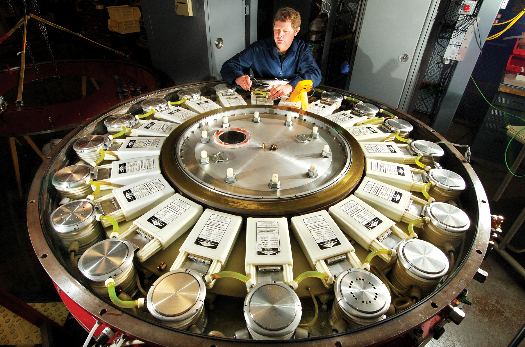 From Siberia, not Area 51: Sandia researcher Bill Fowler tests circuits on an LTD device able to produce large electrical impulses rapidly and repeatedly. (Photo by Randy Montoya)