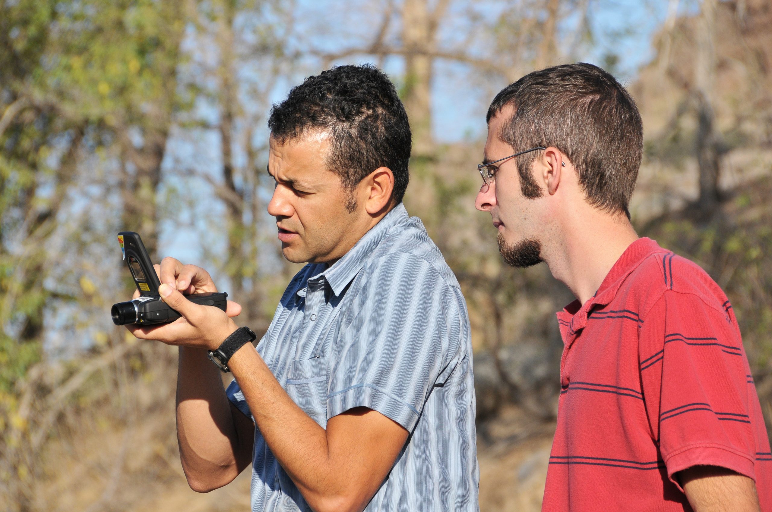 Casey Giron, left, and Josh Jacob examine a thermal imager. (Photo by Randy Montoya)<br />
Download 300dpi 3.82 MB JPEG image (Media are welcome to download/publish this image with related news stories.)