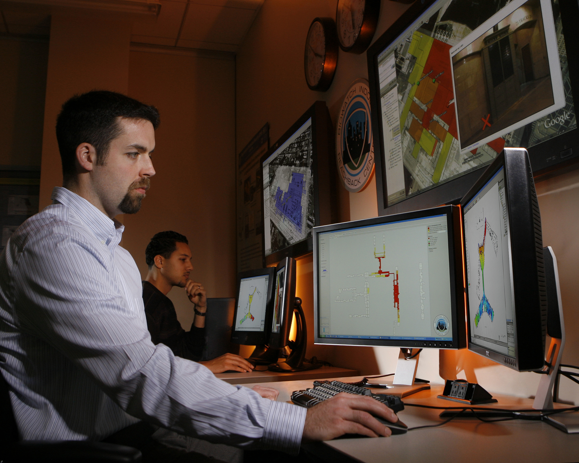 As part of their analysis for BIRC, Sandia researchers like Nate Gleason (foreground), have access to a vast database that contains hundreds of thousands of possible attack scenarios. “Our goal is have a positive impact on the first response to an attack,” says Gleason. (Photo by Randy Wong)<br />
Download 300dpi 11MB JPEG image (Media are welcome to download/publish this image with related news stories.)
