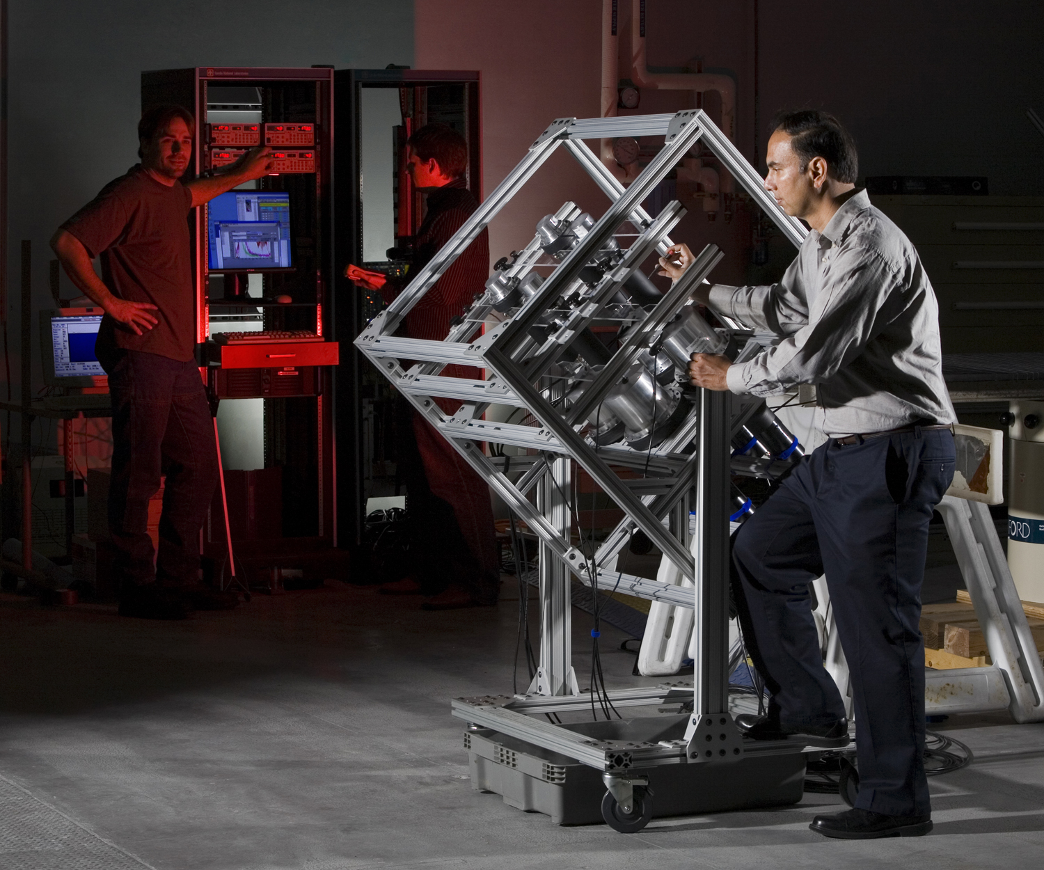 Nick Mascarenhas, physicist and principal investigator, prepares the detector for a test. The neutron scatter camera detects radiation at significant standoff distances and through shielding, and pinpoints radiation sources.