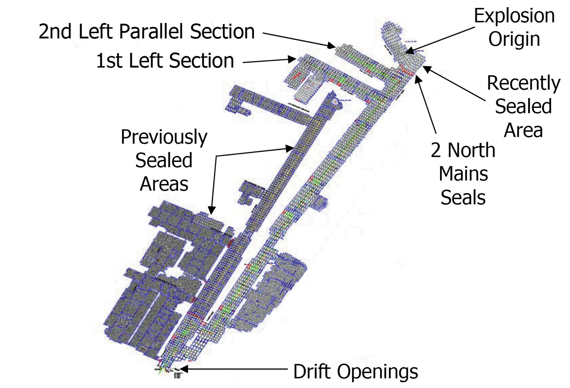 A MAP of the Sago Mine, as published in the MSHA report issued on May 9, shows where the explosion occurred in relation to the entrances, or drifts.