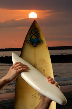 Sandia National Laboratories photo illustration shows small version of surfboard blank made from TufFoam.