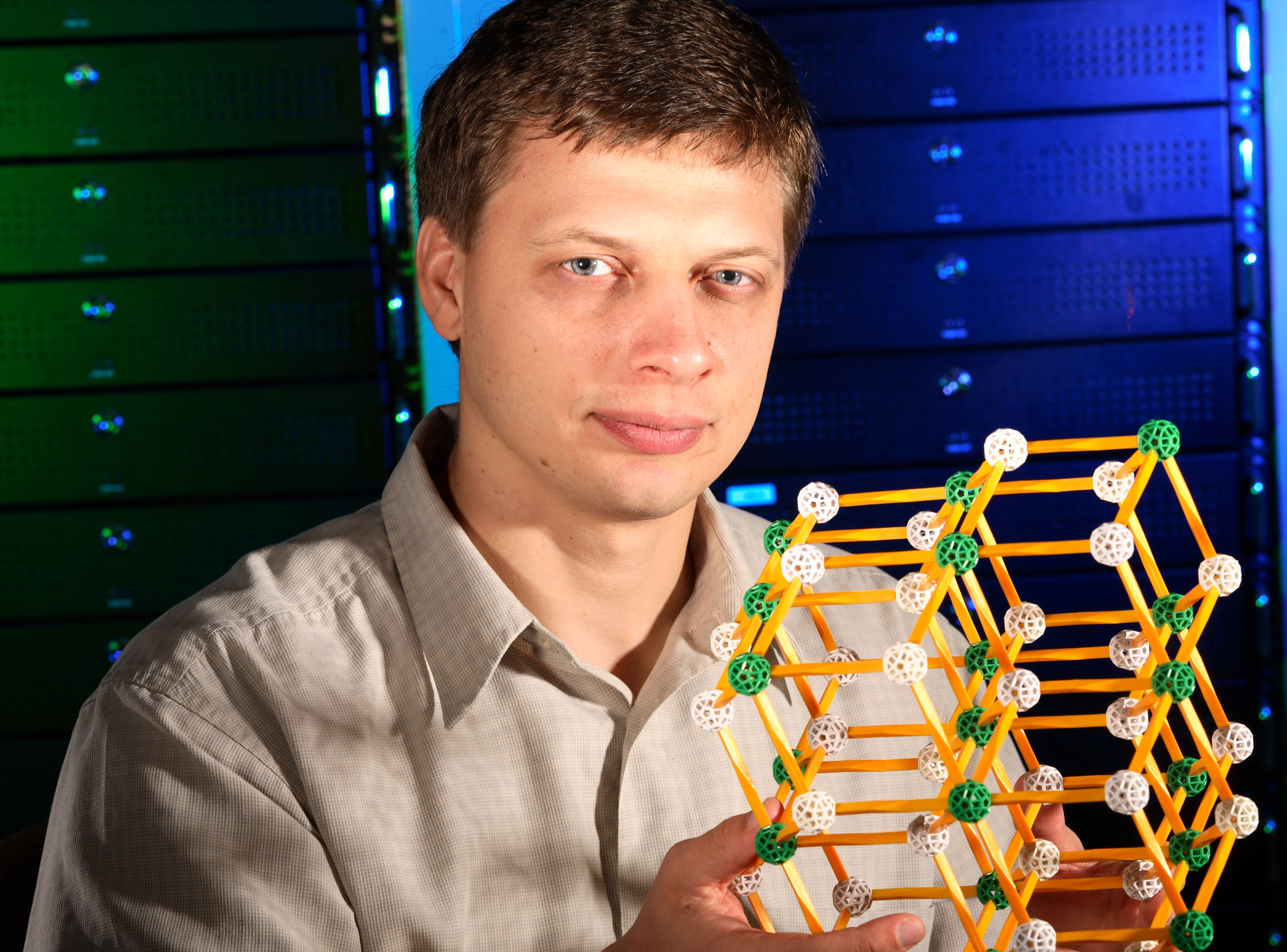 IT’S A MATERIAL WORLD after all, and Sergey Faleev looks forward to more problems to solve. Unmet challenges include predicting such properties as optical spectra or the behavior of solids with more than 10 atoms in a unit cell, and speeding the code to apply it to the need to predict conductivity in the pulsed power program. (Photo by Jeff Shaw)