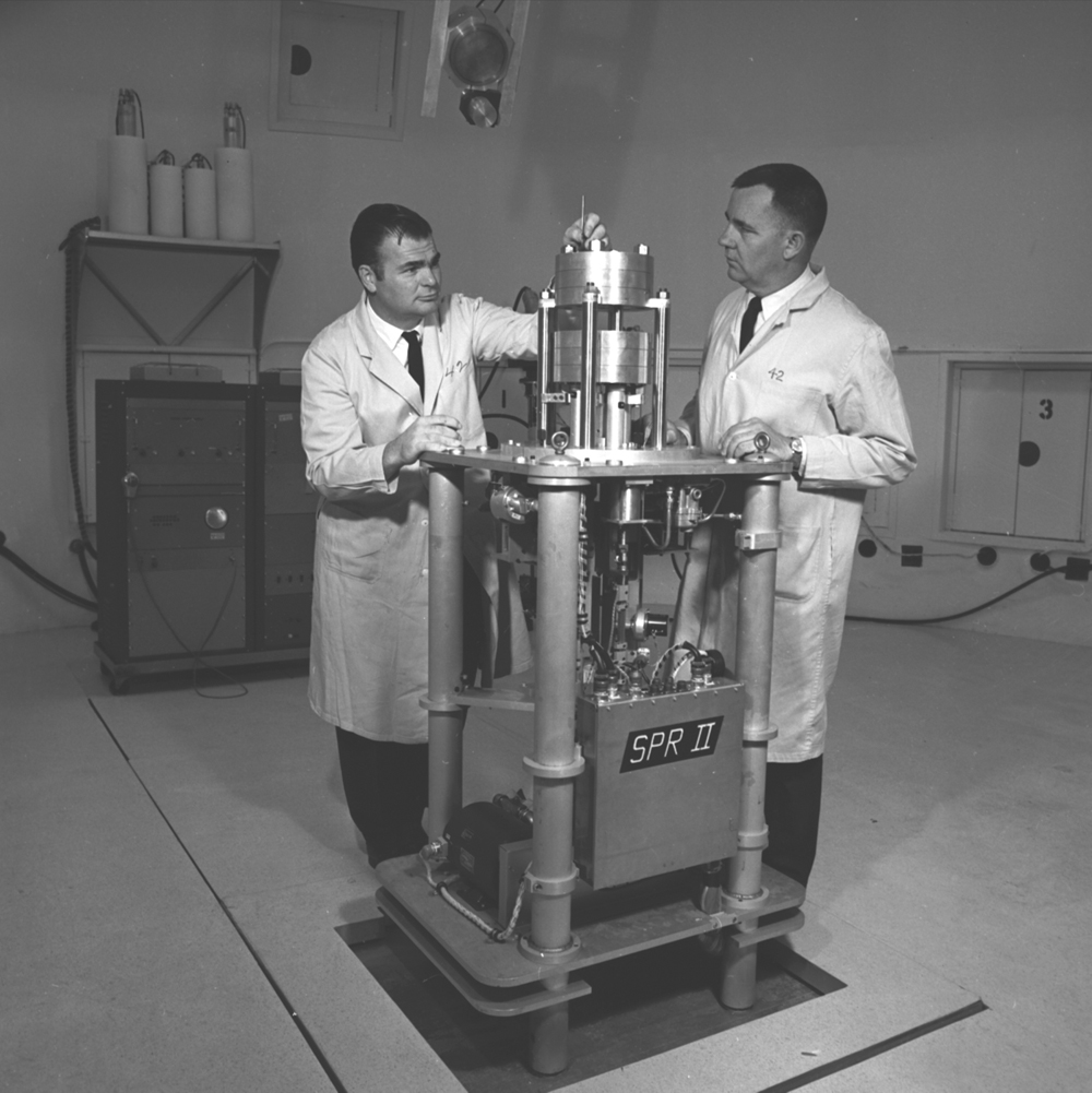 This 1967 Lab News photo shows two technicians with SPR II.