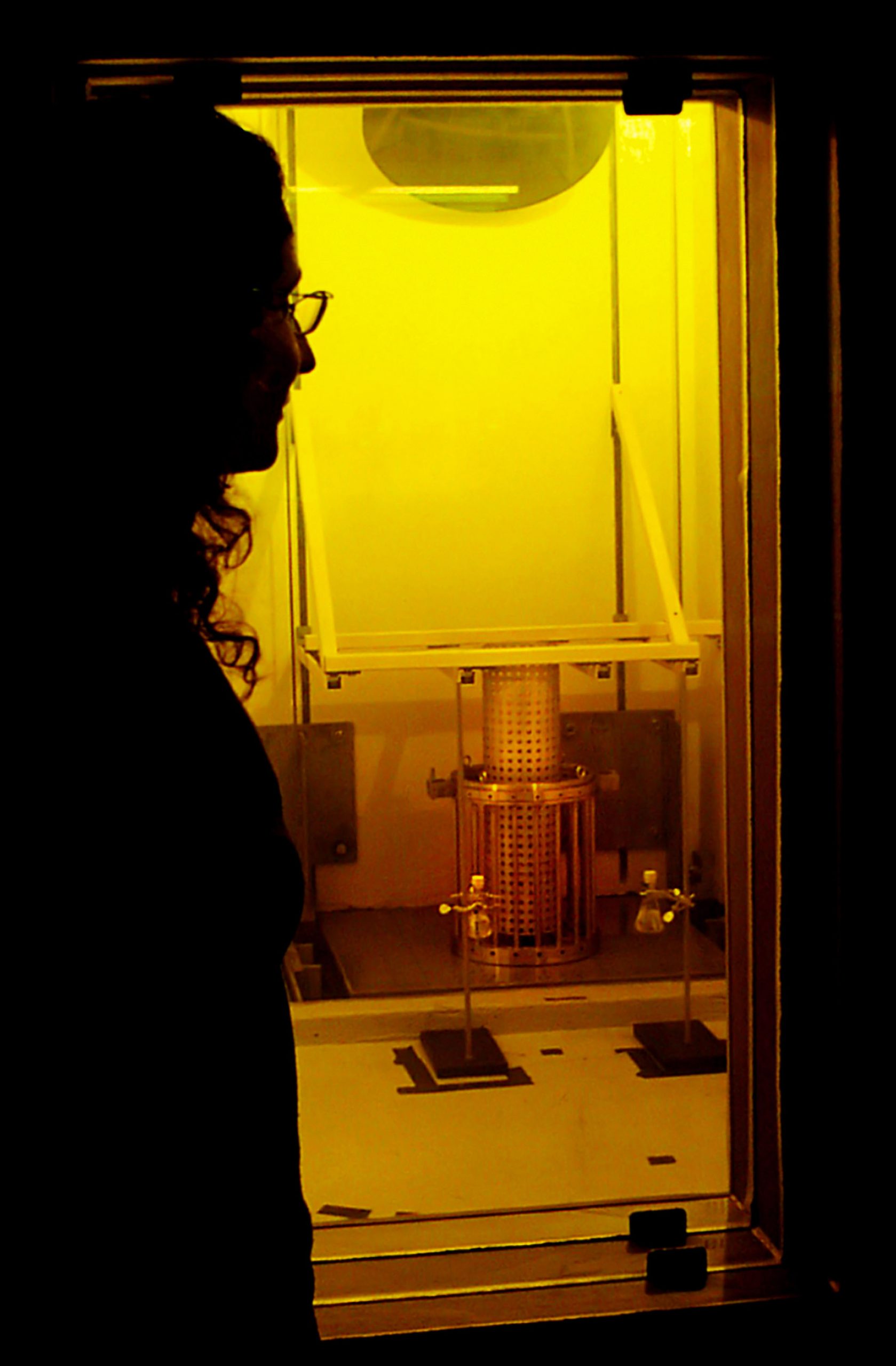 Tina Nenoff observes an experiment to create superalloy nanoparticles in a testing cell at the Gamma Irradiation Facility. (Photo by Randy Montoya)