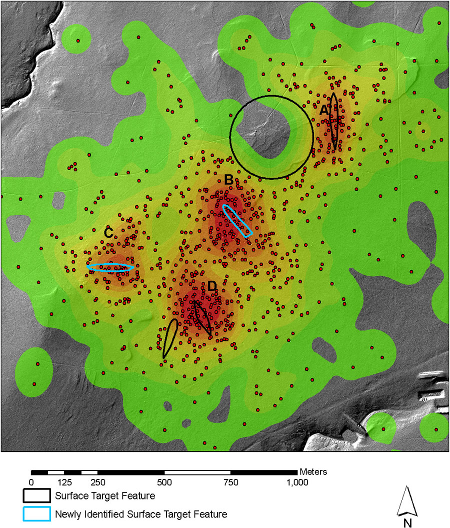 Imagery of old Kirtland bombing site. Further analysis of the LiDAR data found two more targets located in areas of highest crater density.