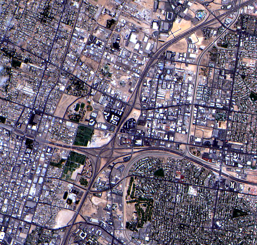 During its three-month checkout period, the MTI satellite collected ground images of a number of U.S. sites. Above is a view of the interchange of U.S. Interstates 25 and 40 in Albuquerque, New Mexico. Click here for additional downloadable MTI images. Hard copy prints are available to members of the news media by calling Sandia's Media Relations Office at 505-844-5199.