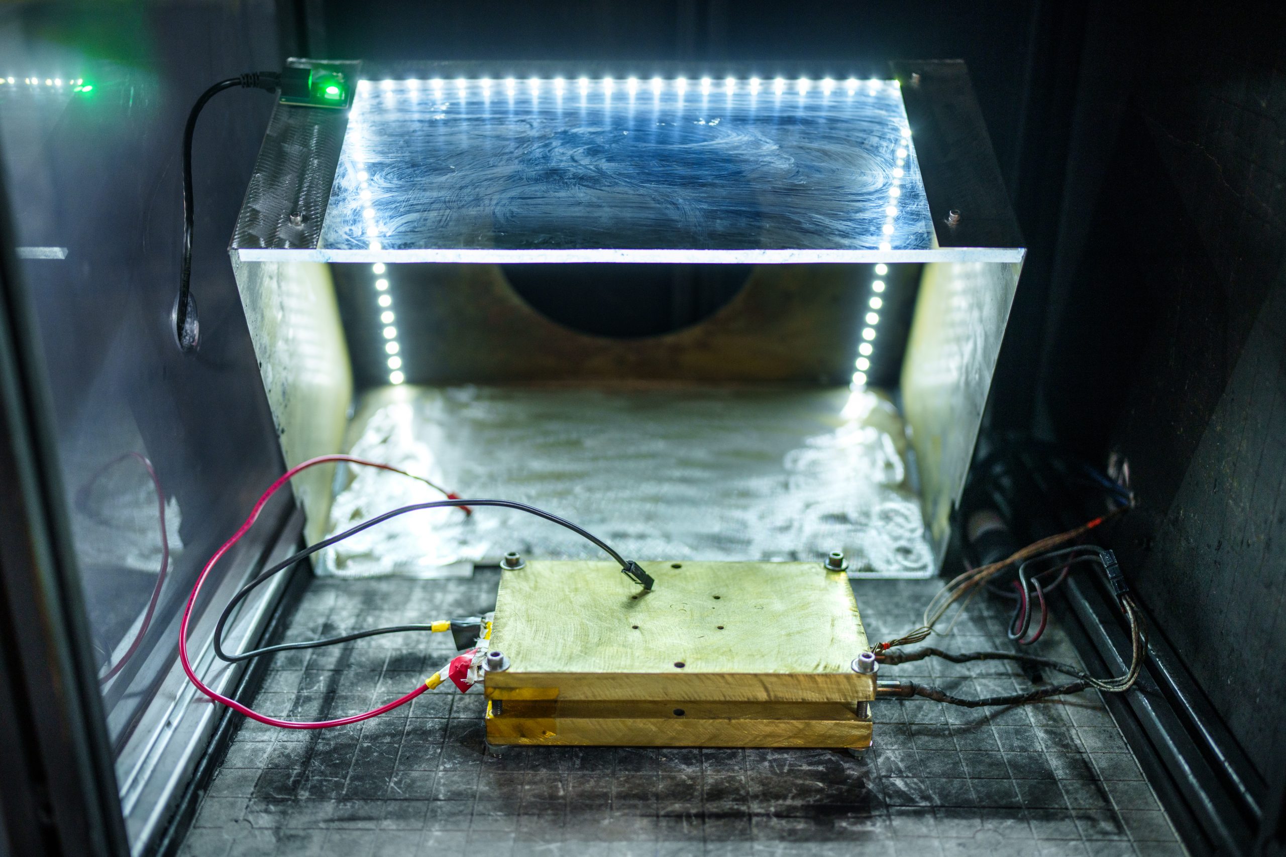 A battery is ready for testing in a vault, which includes several layers of shielding and concrete walls, at Sandia National Laboratories' Battery Abuse Testing Laboratory. Sandia scientists are working to identify methods to detect failures in electric vehicle batteries before the batteries catch fire. 