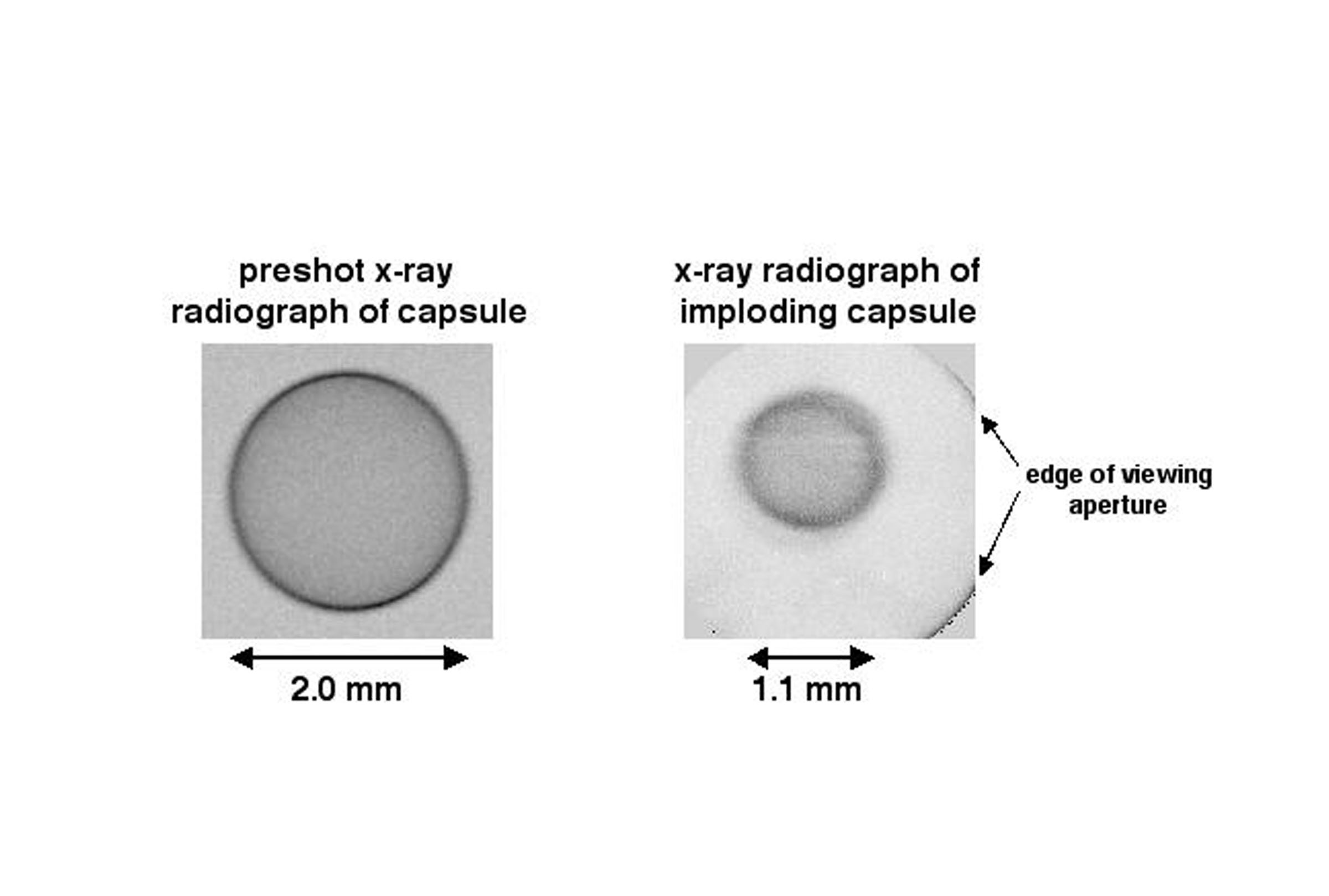 BEFORE AND AFTER — or at least, during — a dummy pellet compressed by Z and monitored by Z-Beamlet “demonstrates an encouraging uniformity,” says project leader John Porter. (Photo by Randy Montoya)