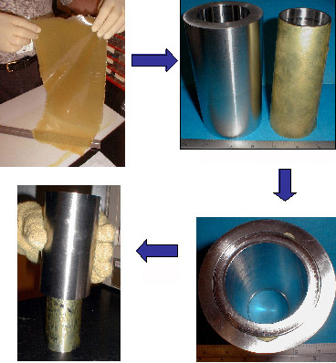 Adhesion and debonding process step-by-step — This sequence of photos shows the adhesion and debonding process for two metal pieces. Top left, a sheet of adhesive is prepared to the desired thickness, in this case 10 mils. Top right, the adhesive is cut to size and applied as a solid film to one surface to be bonded. Bottom right, bonding occurs by heating the metal above the adhesive melting point, 100 degrees C in this case, and then curing it at 60 degrees C. Bottom left, debonding is accomplished by heating the assembly above 100 degrees C at which point the adhesive liquefies. No force other than gravity is required to separate the metal pieces.