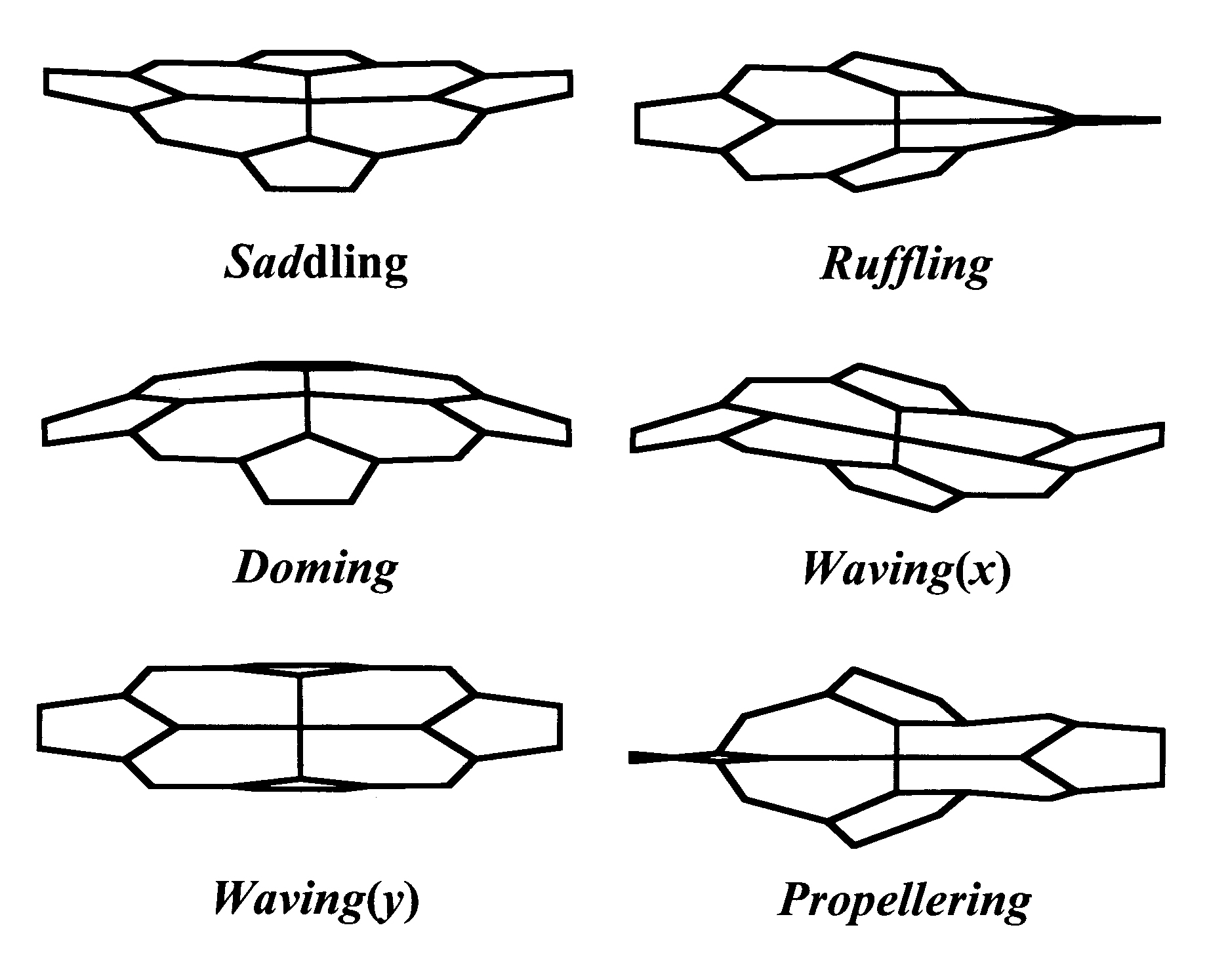 JOHN SHELNUTT'S RESEARCH indicates that hemes can take on different shapes. Shown are the six important heme shapes in proteins -- saddling, ruffling, doming, propellering, and two types of waving.