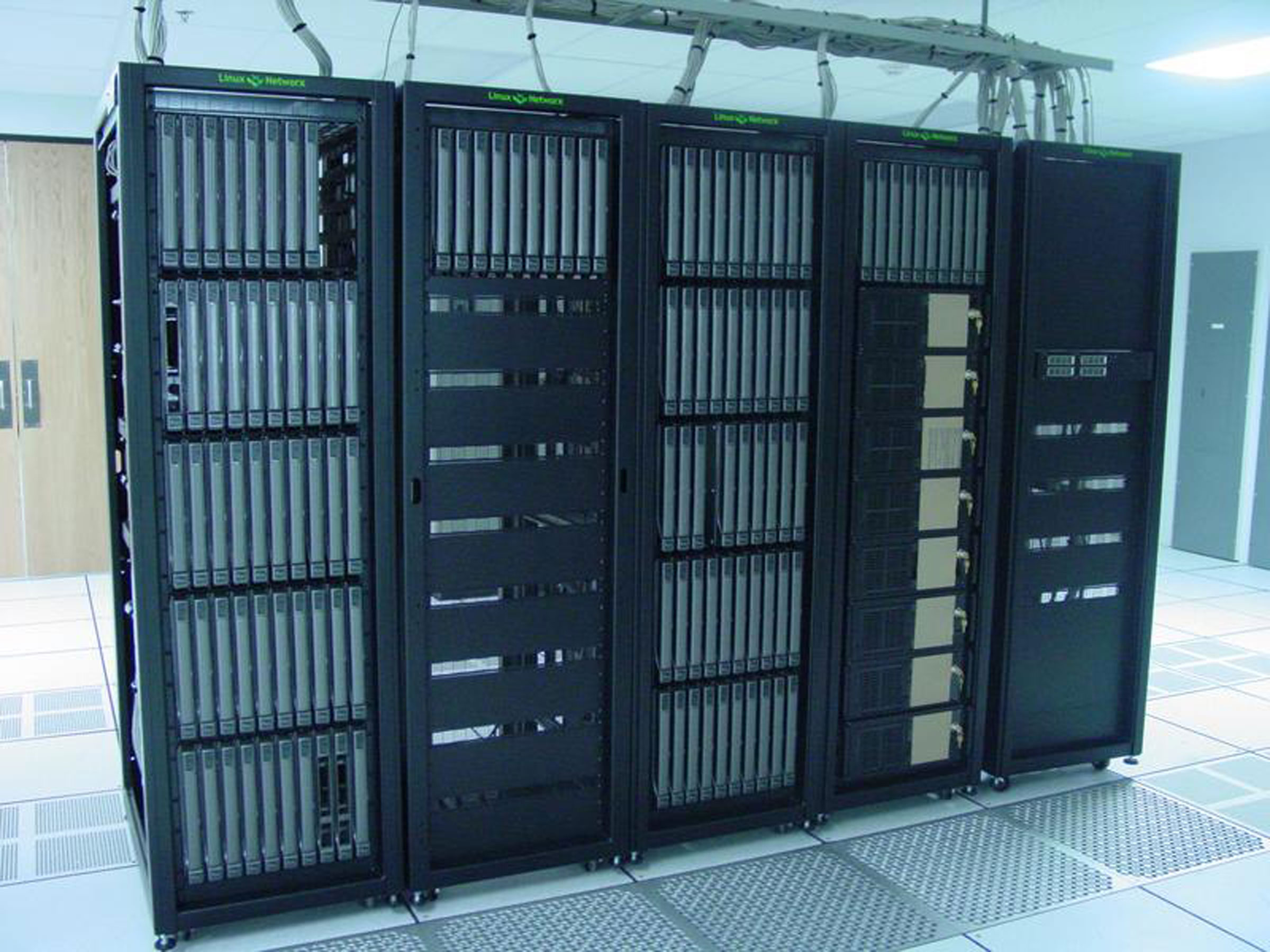 An early photo of the 128-node cluster, built by Linux Networx, that will be housed at Sandia National Laboratories in Livermore, Calif. The machine is expected to be among the world’s top-performing systems and will be used by Sandia scientists for ongoing research and development projects.