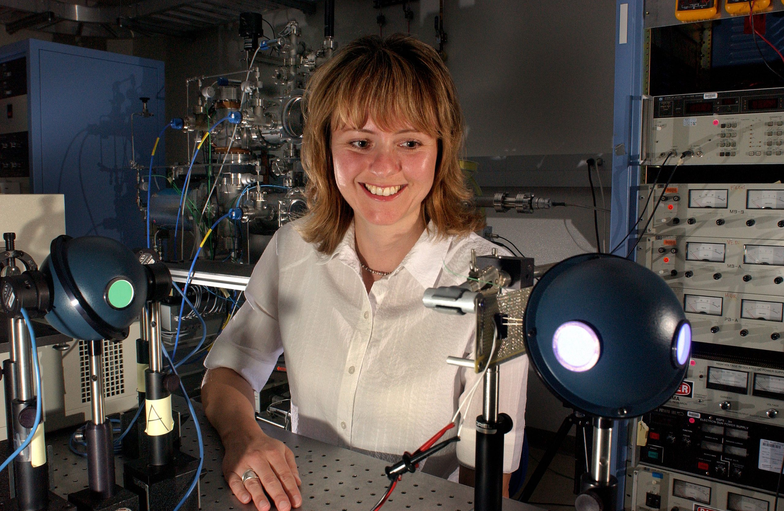 NEW APPROACH TO SOLID-STATE LIGHTING — Lauren Rohwer is the principal investigator of a research team developing the first solid-state white light-emitting device using quantum dots. (Photo by Randy Montoya)