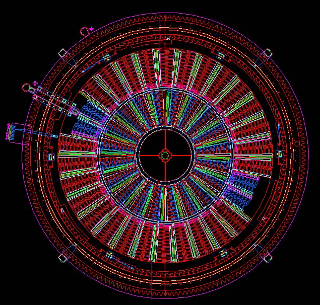 This dynamic trio of images show, respectively, a computerized preview of an overview, electrical connect, and photoresist mask for a torsional ratchet actuator.