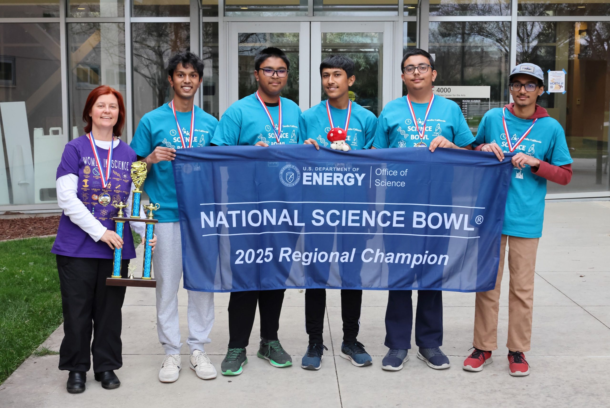 The 2025 California Regional Science Bowl High School competition winners from Mission San Jose High School of Fremont, from left to right: Coach Dorota Sawicka, Advaith Mopuri, Anish Agarwal, Theenash Sengupta, Rutvik Arora and Roshan Annamalai.