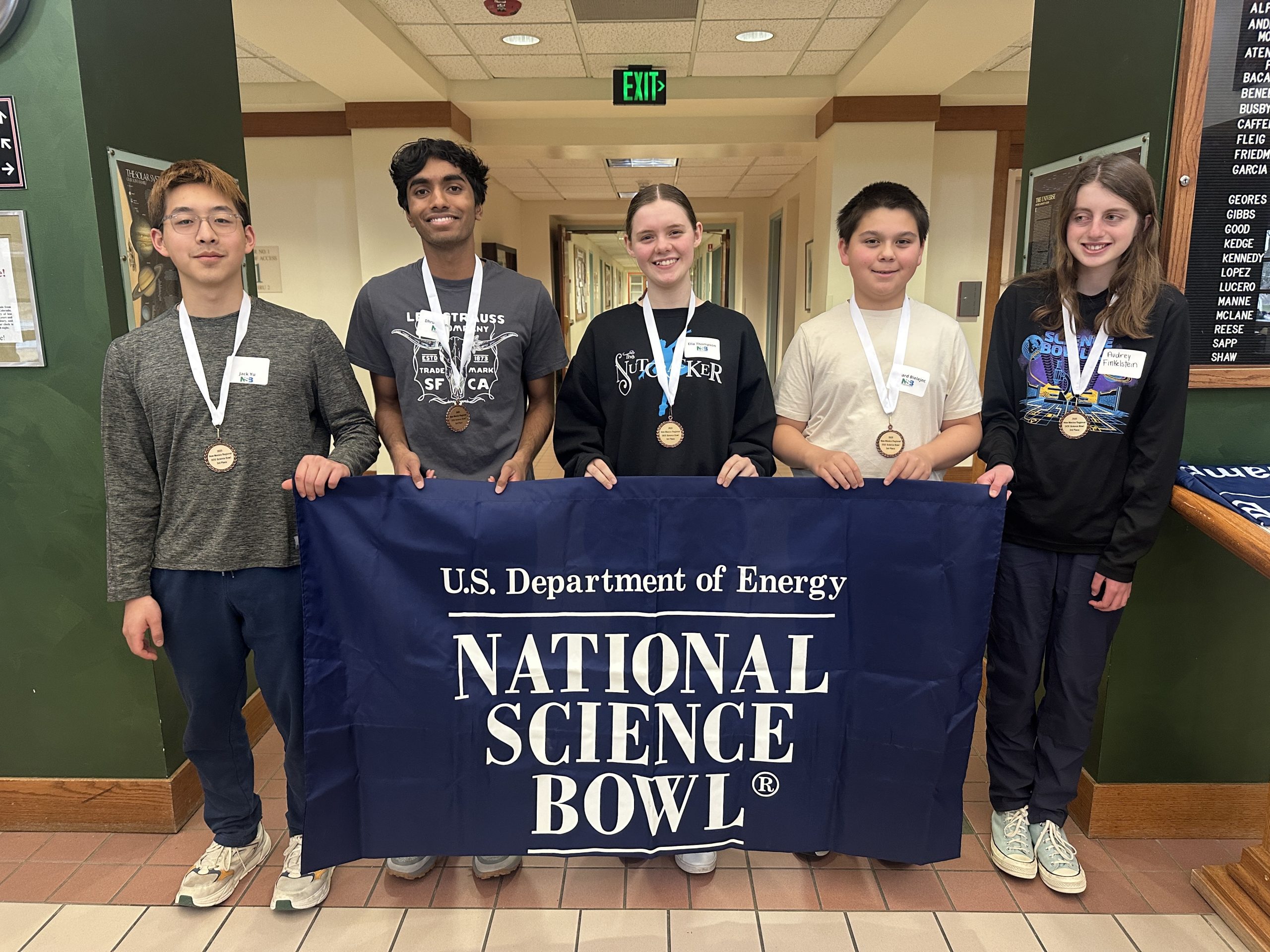 Third place high school division, Albuquerque Academy from left to right, Jack Yu, Dhruv Grande, Ella Thompson, Eddy Bielejec, Audrey Finkeistein. 