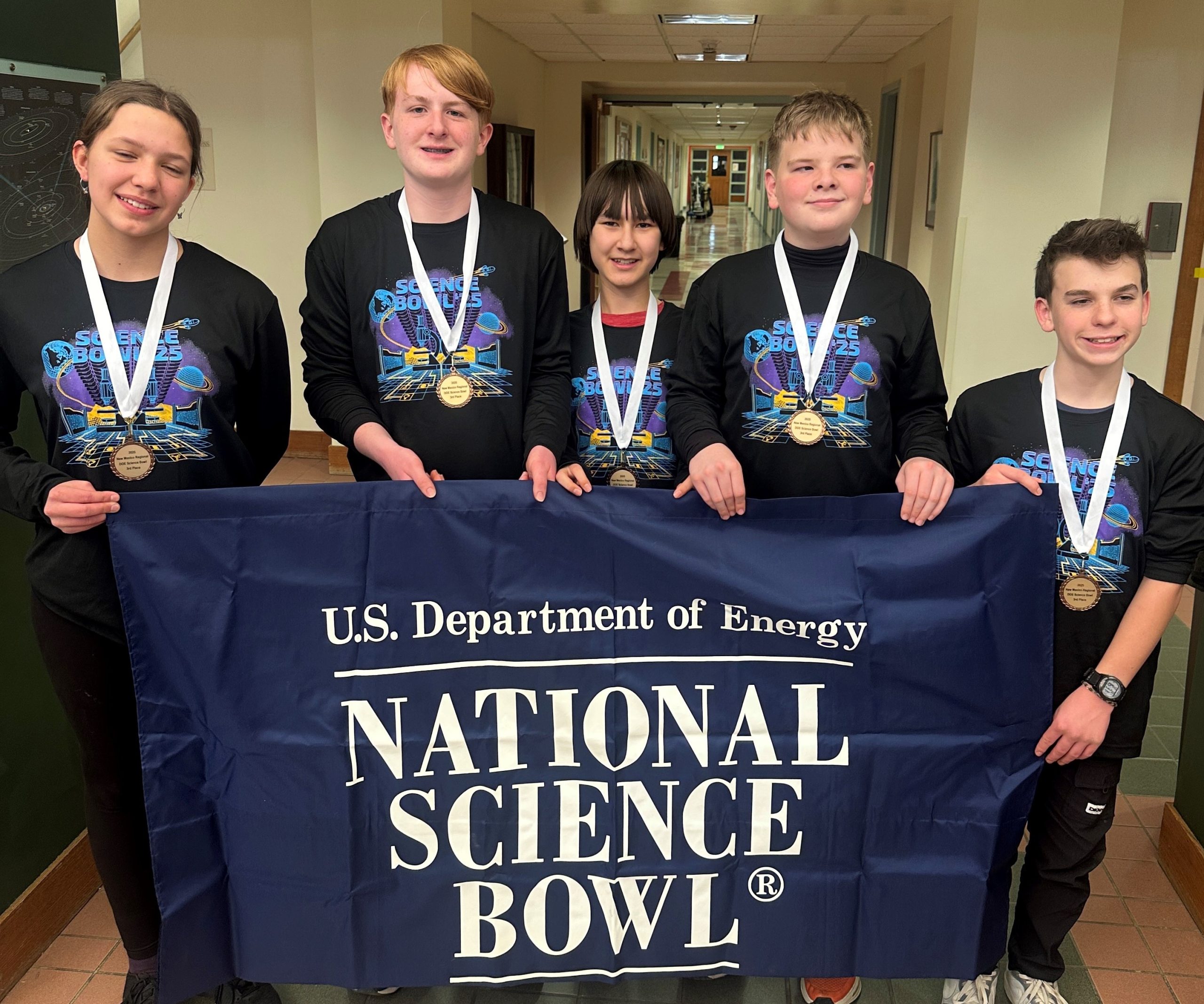 Third place middle school division, Eisenhower Team #2. From left to right, Eva Riley, Mathias Niday, Magnus Bowman, Kelly Lleyton, Daniel Brewer. 