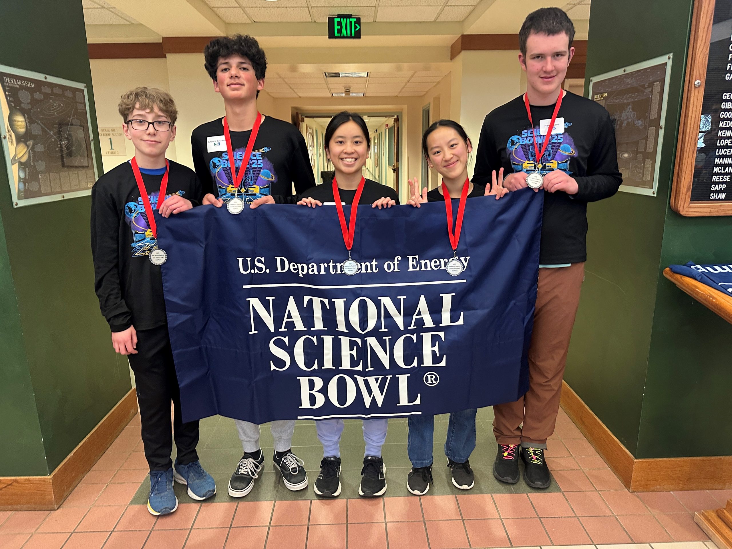 Second place high school division, Los Alamos High School. From left to right, Gavin Bent, Andrew Bacrania, Michelle Lo, Julia Zou, Henry Gans.