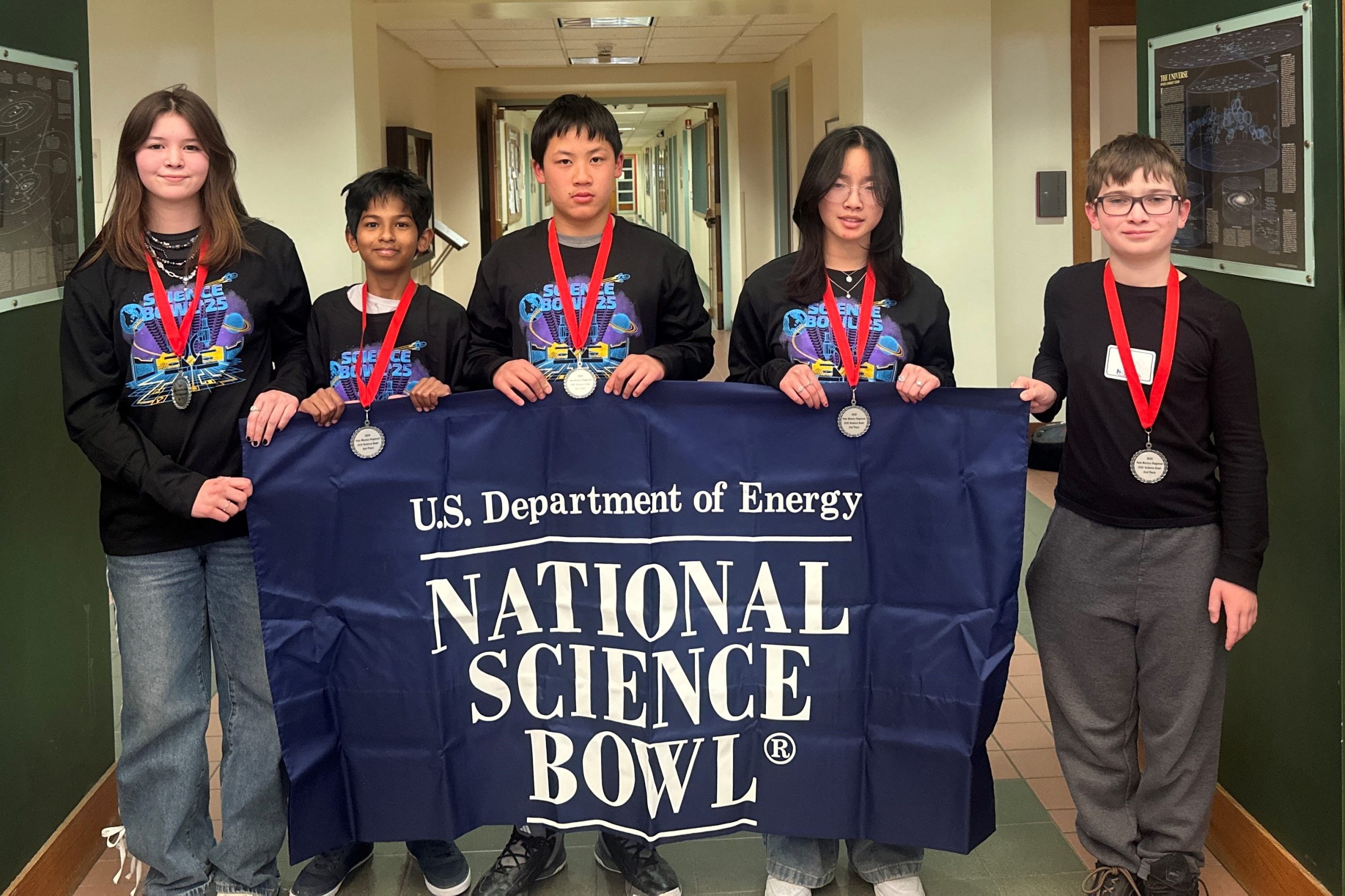 Second place middle school division, Los Alamos Middle School. From left to right, Julia Neale, Ilamuhil Sasikumar, Kevin Zou, Chelsea Nguyen, Alexander Hovey. 