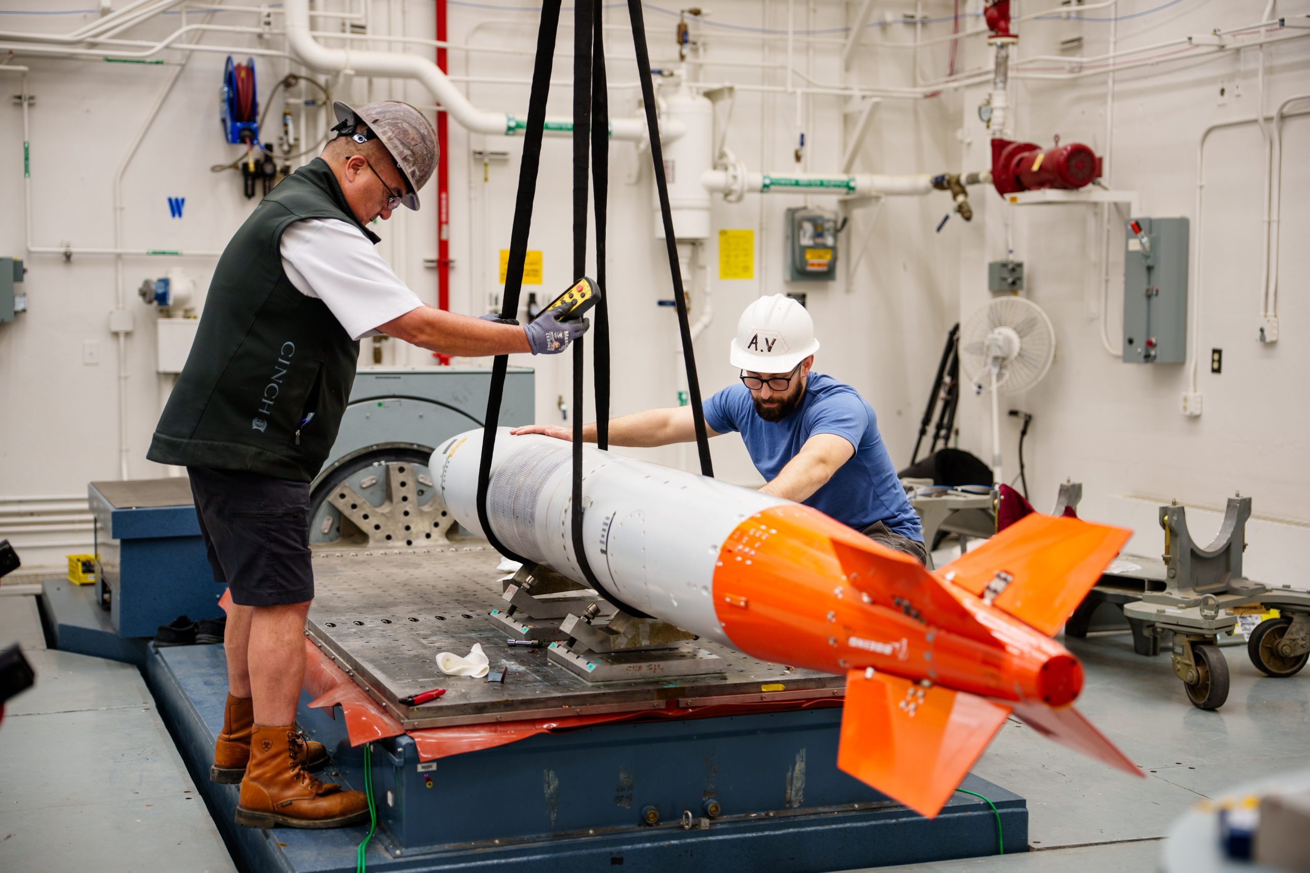 A B61-13 vibration fly around unit is prepared for testing on a shaker table at Sandia National Laboratories. Assembly of the first production unit was completed at the Pantex Plant in May, about a year ahead of schedule. 