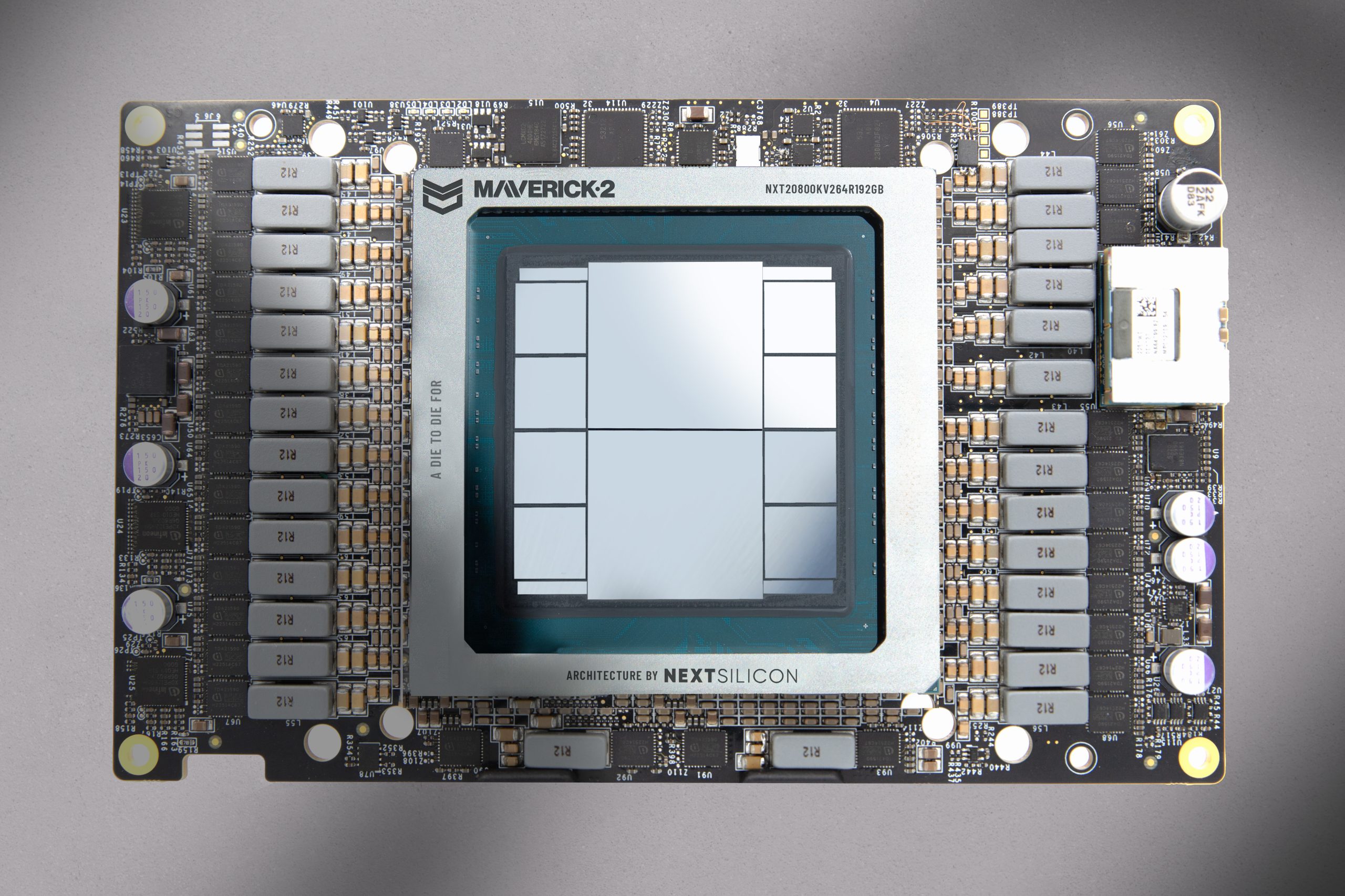 Sandia National Laboratories' Spectra features 64 compute nodes, each equipped with two second-generation Maverick Open Accelerator Module devices like the one pictured here. Each device hosts two Maverick-2 accelerators in a dual-die configuration. 