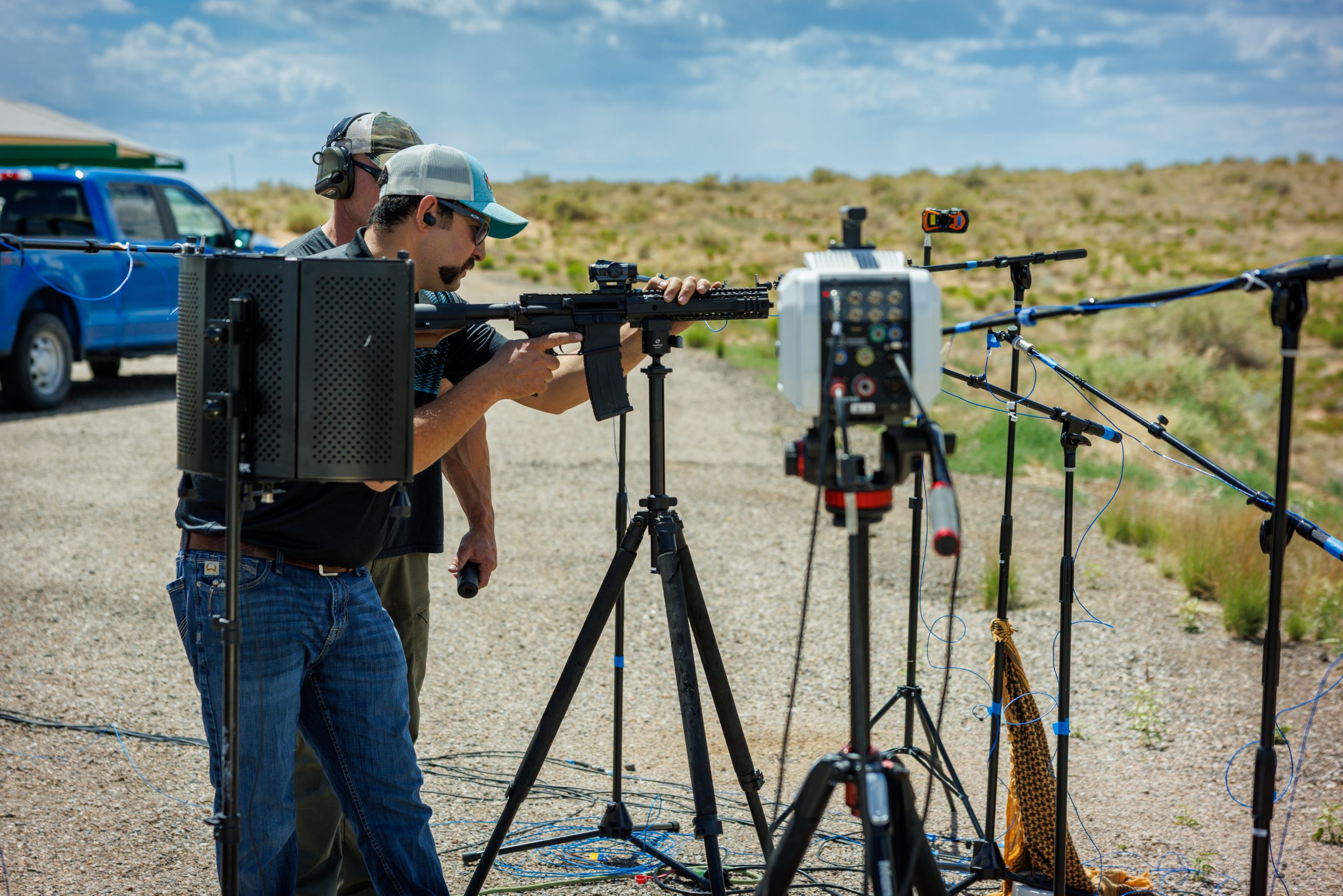 Matias Roybal and a fellow member of the Ridgeline team conduct high-fidelity acoustic tests on their suppressors with the help of Sandia National Laboratories employees Michael Denison, Stephen Aulbach and Chad Heitman.