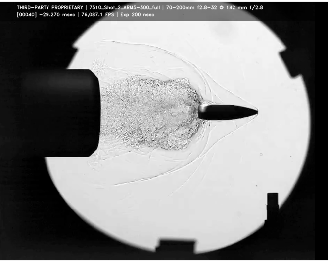 High-speed cameras capture the gas velocities and flow patterns as a bullet is fired through a Ridgeline suppressor, helping to determine gas flow rates inside the suppressor. 