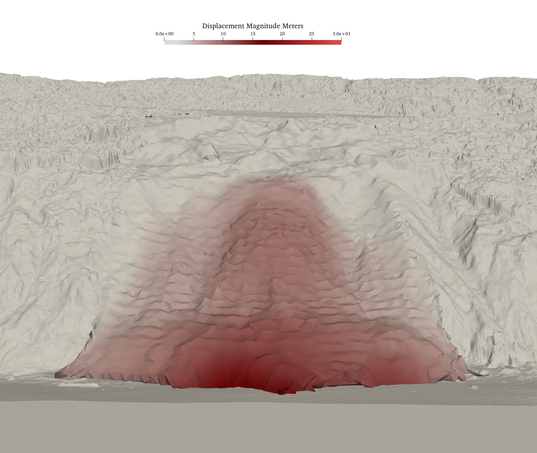 Simulation of a landslide, conducted using Aperi software, featuring geometry derived from a high-resolution LiDAR scan of the unstable mountain in Oregon.  