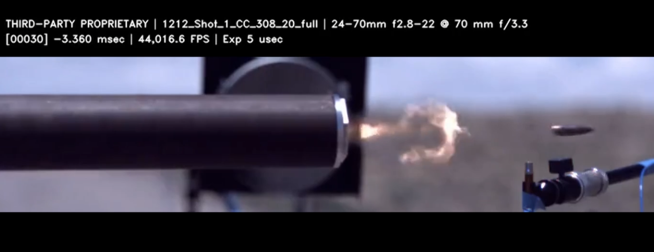 High-speed cameras capture the gas velocities and flow patterns as a bullet is fired through a Ridgeline suppressor, helping to determine gas flow rates inside the suppressor. 