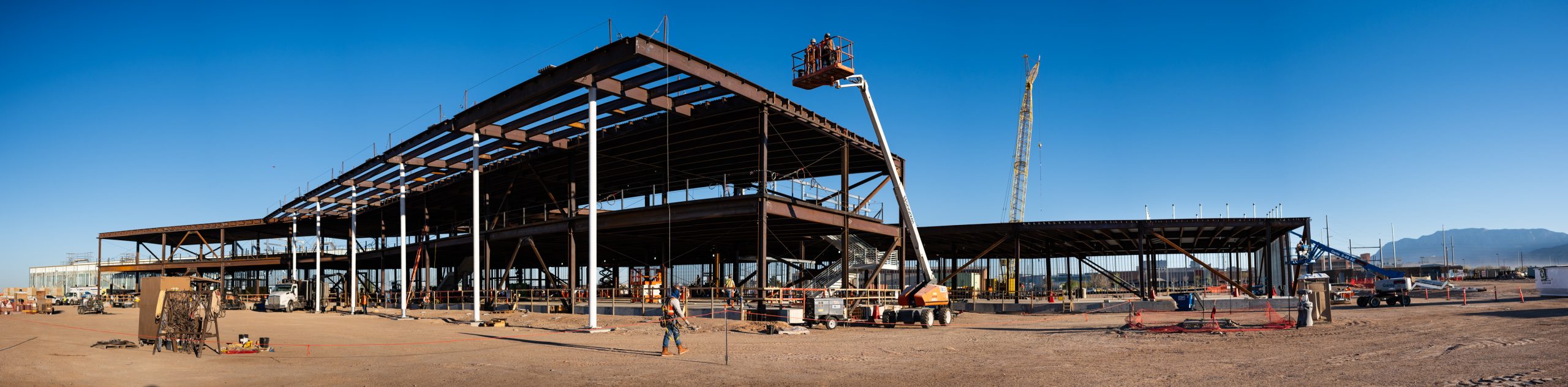 Construction on the 136,000-square foot Power Sources Capability Building at Sandia National Laboratories is ahead of schedule. A beam ceremony, which signifies completion of the building’s steel structure, was held on April 14.