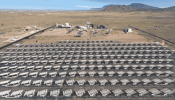 The mirror-like heliostat field at Sandia National Laboratories’ National Solar Thermal Test Facility can rotate into the exact position needed to reflect and concentrate sunlight for each test.