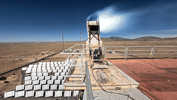 A time lapse of a heat shield test at Sandia National Laboratories’ National Solar Thermal Test Facility. The heliostat field focused sunlight onto a 24-inch area of test material mounted at the top of the solar tower, delivering a controlled heat pulse exceeding 4,500 degrees Fahrenheit. The team also flowed inert gas over the sample to better approximate Titan’s atmosphere.