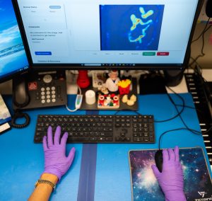 <strong>A technician at Sandia National Laboratories reviews a scanned image of a ceramic billet from her desktop. Sandia is transitioning from using a manual inspection to one that uses artificial intelligence to flag defects. Technicians will still review the results for quality control. </strong>(Photo by Craig Fritz) Click on the thumbnail for a high-resolution image.