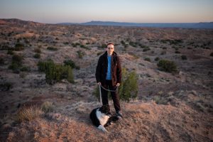 <strong>Sandia National Laboratories physicist Elizabeth Silber, pictured with her dog Morpheus, uses infrasound, a low-frequency sound too deep for people to hear, and seismic data to study meteors and other fast-moving objects in the atmosphere</strong>. (Photo by Craig Fritz) Click on the thumbnail for a high-resolution image.
