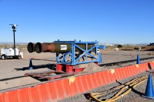 <strong>The Nike rocket motors and the pusher sled that propelled the Mobile Guardian Transporter Prototype 2 test vehicle down the track at Sandia National Laboratories rest in the sand brake trough used to stop the sled.</strong> (Photo by Michael Ludwig) Click on the thumbnail for a high-resolution image.