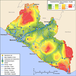 Map of Liberia with green areas indicative of 1 to 2 hours of driving to reach a diagostic lab to red areas indicative of more than 10 hours of driving to reach a lab