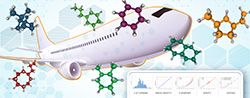 abstract graphic illustration of airplane, ball-and-stick models of cycloalkanes molecules, and dashboard of research graphs