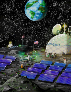An illustration with solar panels and a dome on the moon with another base further away and the Earth in the sky.