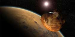 Artist concept of a spacecraft using aerocapture to enter an orbit around Mars