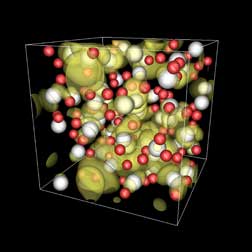 Snapshot from a first-principles computer simulation demonstrates the atomic disorder