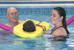 DON TRAMMELL AND YVONNE FLORES work with a Casa Angelica resident at the facilitys therapeutic pool. The pool's water will be treated with a Sandia-modified arsenic removal system. 