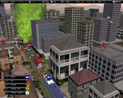 Players of the game can view the action from several vantage points. Here, fire trucks and police cars can be seen from building level. The exclamation points in red depict 9-1-1 calls that may offer valuable information to players, such as medical symptoms that citizens may be experiencing. Other icons re identified in the legend in the left-hand corner.