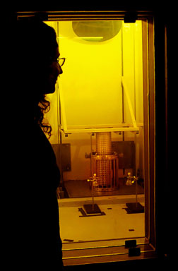 Tina Nenoff observes an experiment to create superalloy nanoparticles in a testing cell at the Gamma Irradiation Facility.