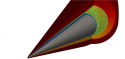 A high-fidelity simulation of the hypersonic turbulent flow over a notional hypersonic flight vehicle (colored grey) depicts the speed of the air surrounding the body, with red as high and blue as low. The turbulent motions that impose harsh, unsteady loading on the vehicle body are depicted in the back portion of the vehicle. Accurately predicting these loads are critical to vehicle survivability, and for practical applications, billions of degrees of freedom are required to predict physics of interest, inevitably requiring massive computing capabilities for realistic turnaround times. The work conducted as part of this research and development contract targets improving memory performance characteristics that can greatly benefit this and other mission applications. 